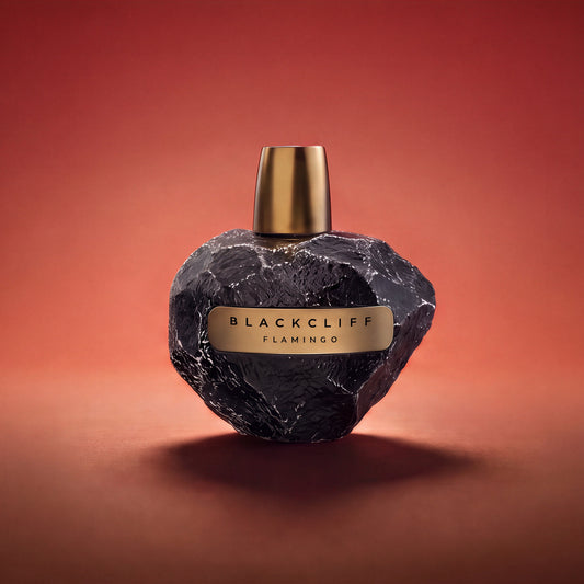 Heart-shaped perfume bottle, dark stone texture, gold cap, Flamingo label