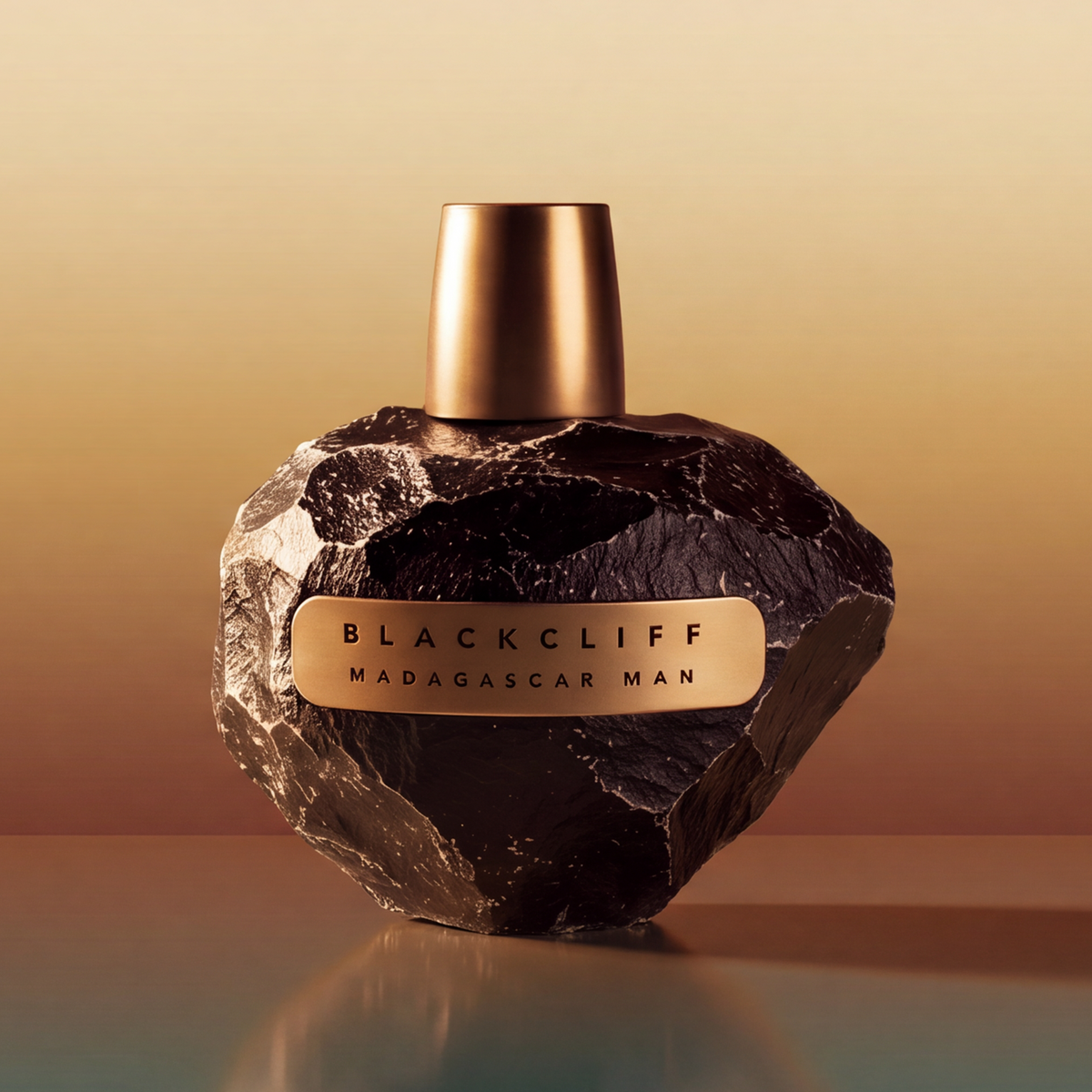 Men's fragrance bottle with dark stone-style base and copper cap